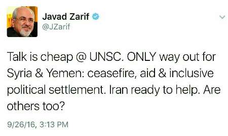 ظریف يغرد على تويتر عن استعداد بلاده لتقديم المساعدات إلى سوريا واليمن