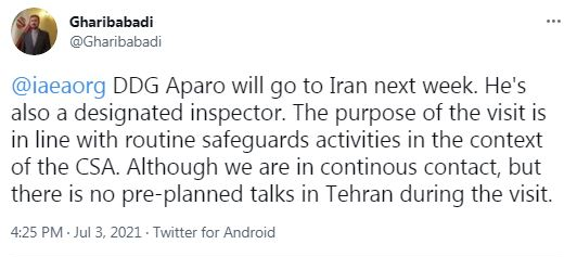 Gharibabadi: Aparo's visit to Tehran in line with safeguard activities