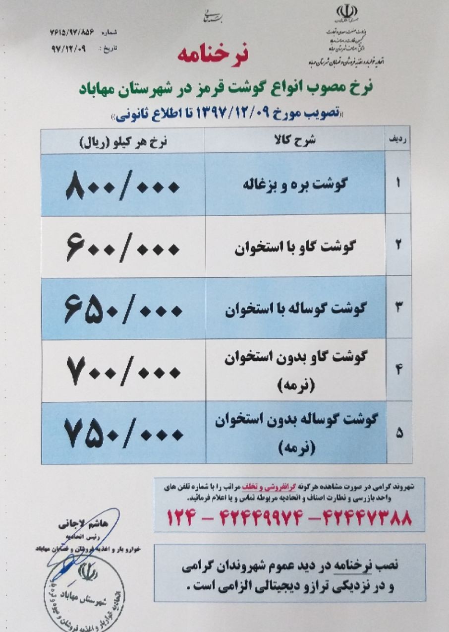 قیمت مصوب انواع گوشت قرمز در مهاباد